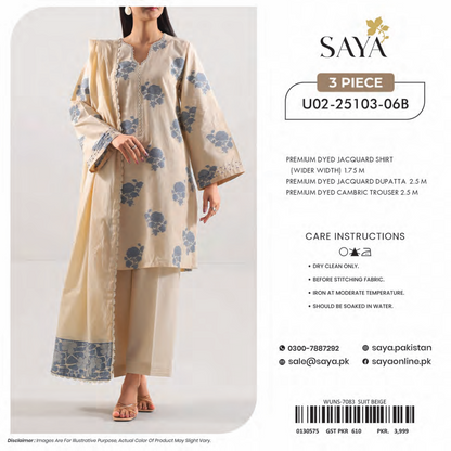 Saya Unstitched Jacquard 100% Original Cotton 3 PCs Suit In WHOLESALE PRICE 💯✨