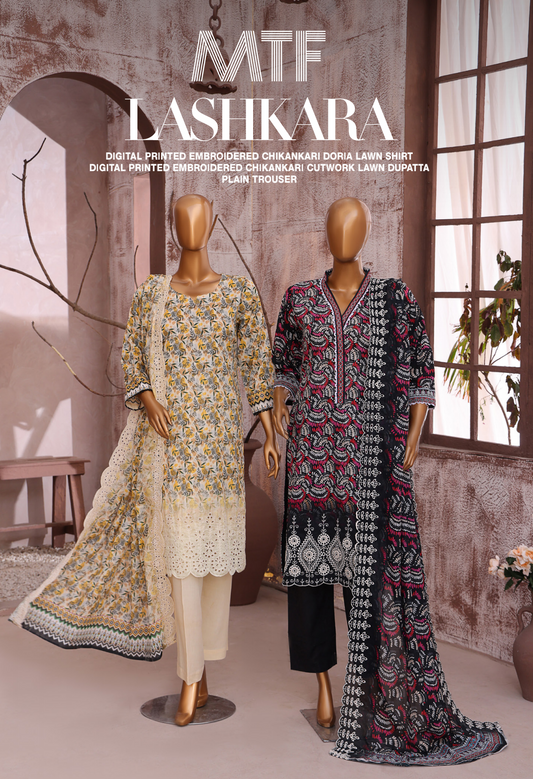 ✨ MTF Presents ✨
" L A S H K A R A " 💖 🌸 DIGITAL PRINTED EMBROIDERED CHIKANKARI DORIA LAWN COLLECTION 2025 🌸