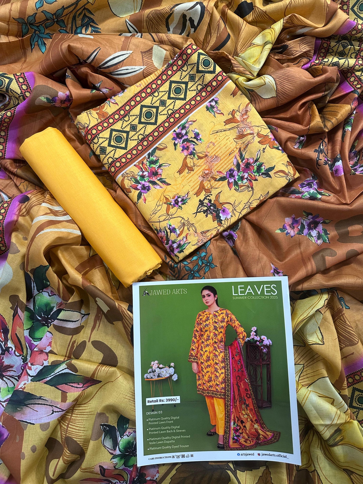 JAWED ARTS LEAVES –  3PC UNSTITCHED SUIT Design: 3