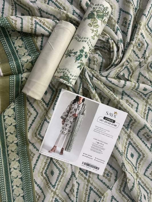 Saya D.C:- U01-25162-01BR - 3 Pcs Printed Lawn