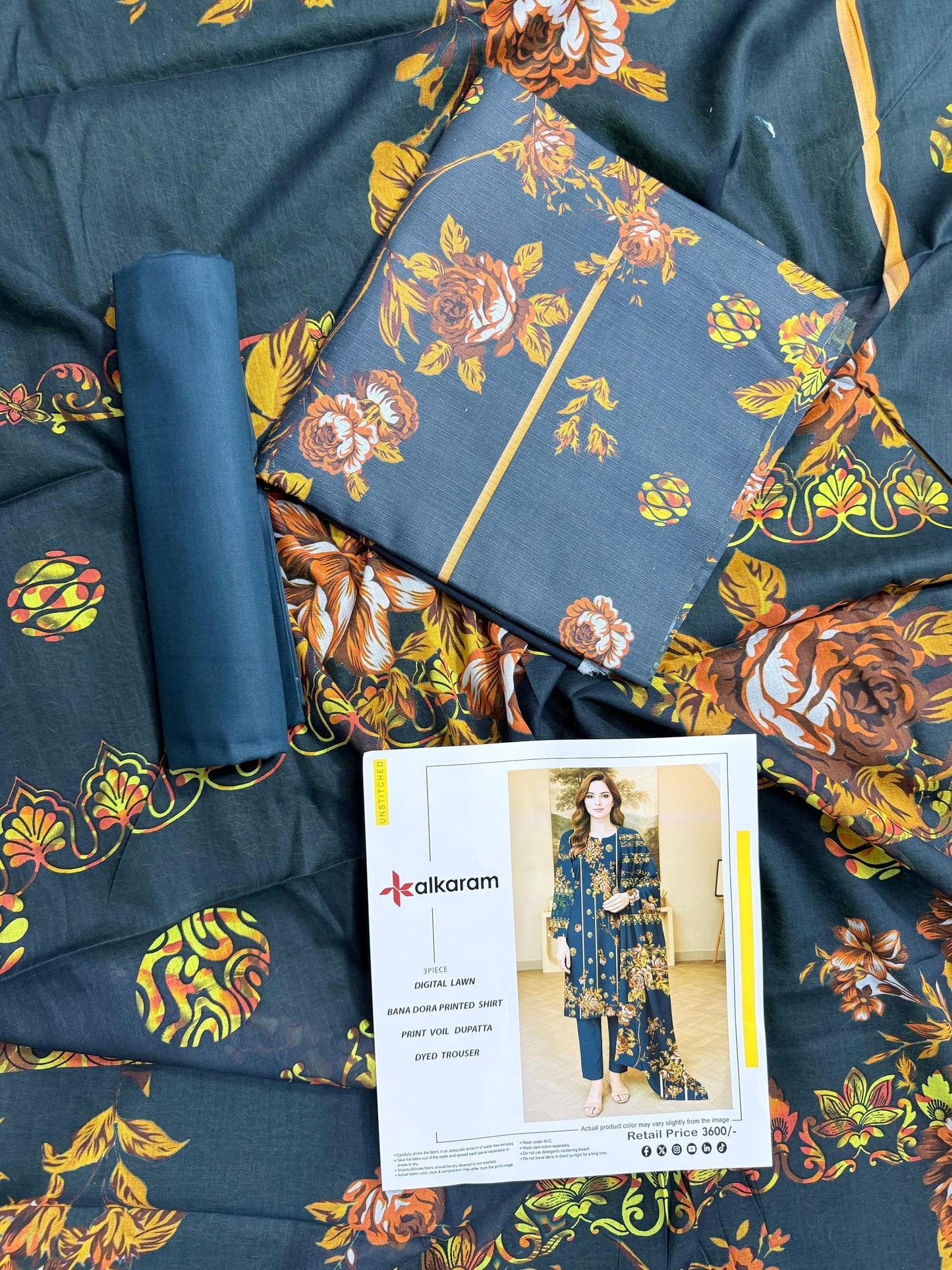 🔥 ALKARAM Tanadora – Premium Luxury Collection 🔥Mongia green with Golden-Yellow Floral Print