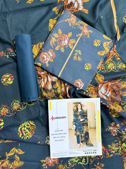🔥 ALKARAM Tanadora – Premium Luxury Collection 🔥Mongia green with Golden-Yellow Floral Print