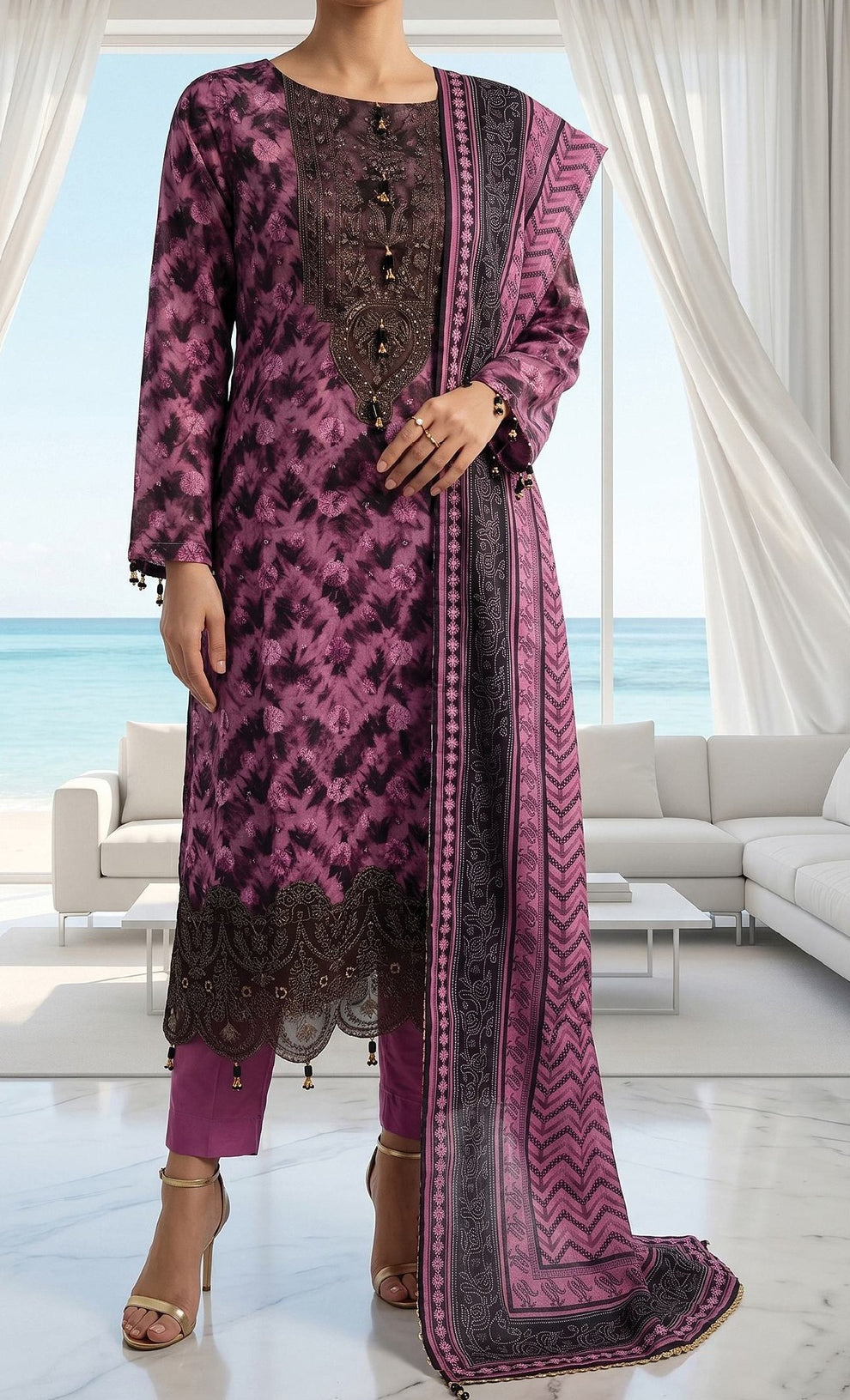Fleur By Almeerah - Plum Vanta – Digital Chundri Lawn