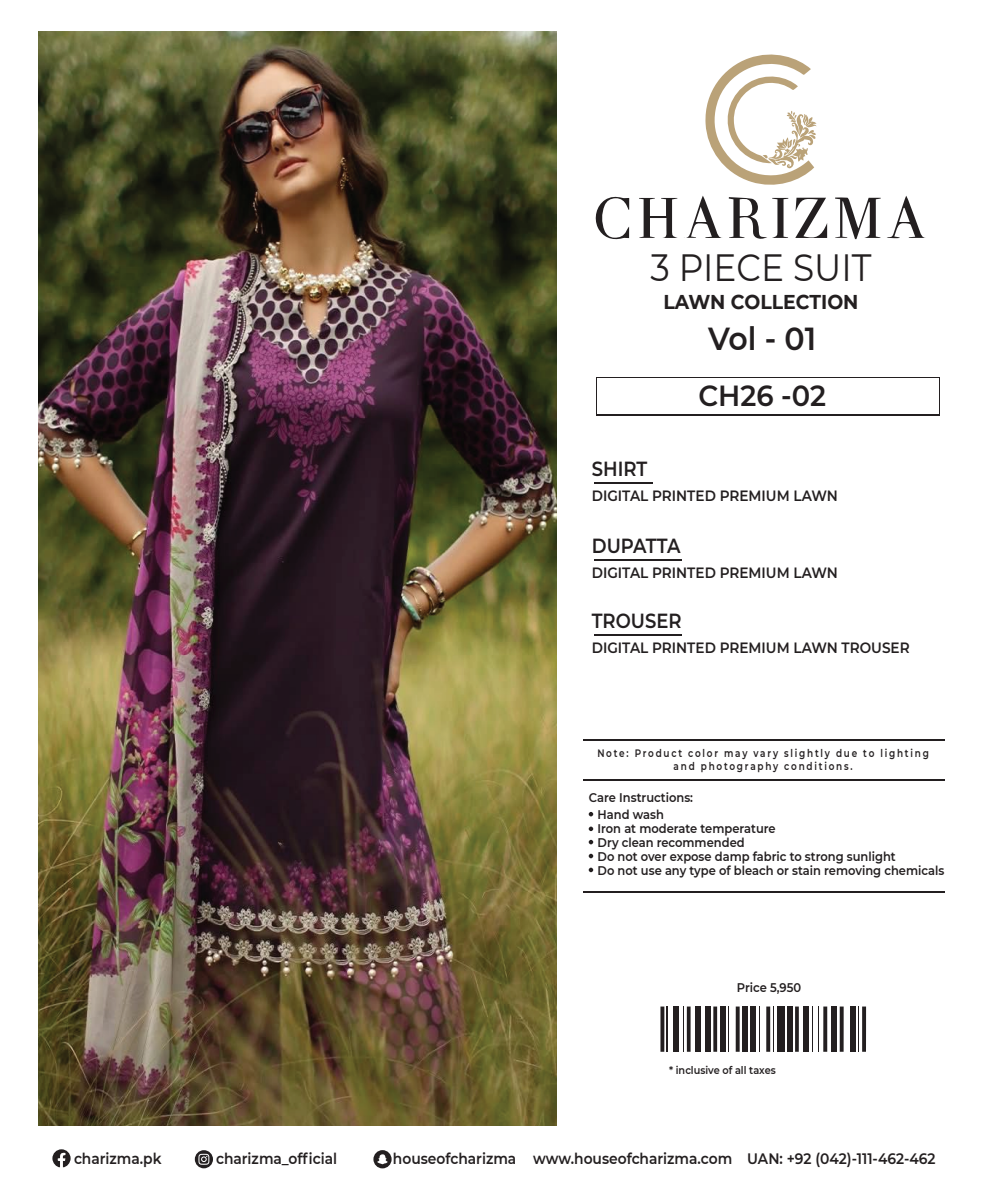 CHARIZMA LAWN UNSTITCHED COLLECTION – Vol 1_CH26-02