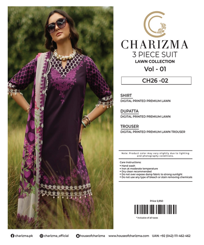 CHARIZMA LAWN UNSTITCHED COLLECTION – Vol 1_CH26-02