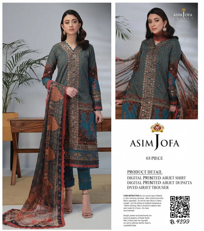 Asim Jofa Unstitched Lawn Printed 3PC In Wholesale Price