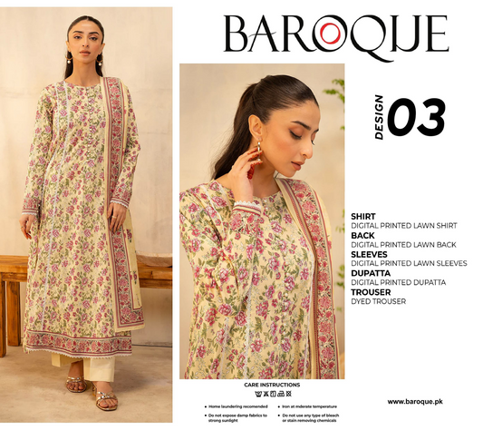 Baroque Pink D-03 Printed Lawn 3-Piece