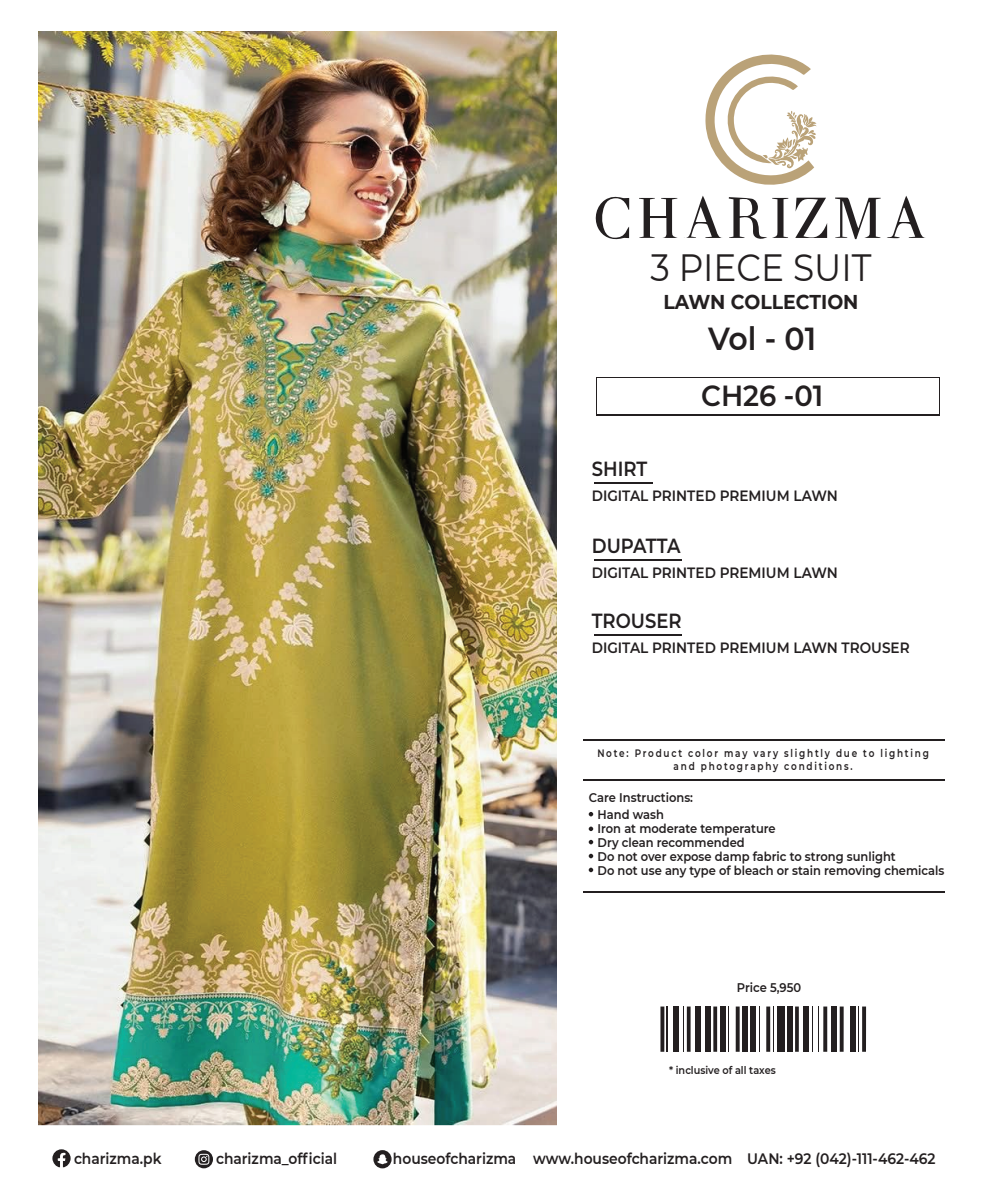 CHARIZMA LAWN UNSTITCHED COLLECTION – Vol 1_CH26-01