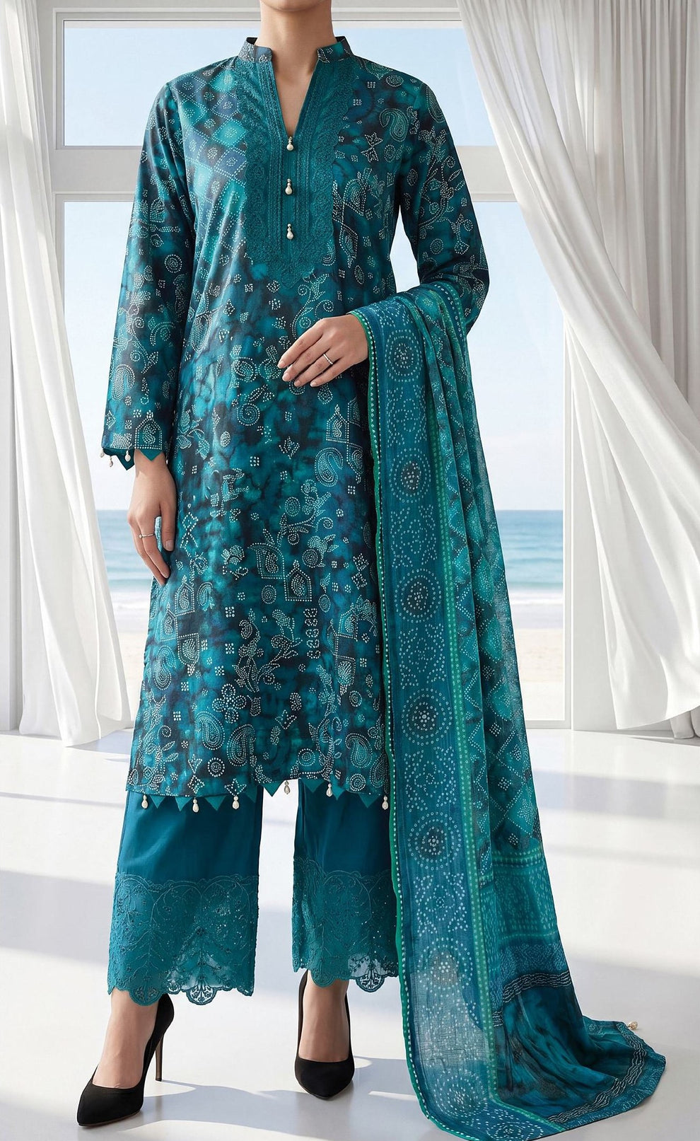Fleur By Almeerah - Teal Horizon – Digital Chundri Lawn