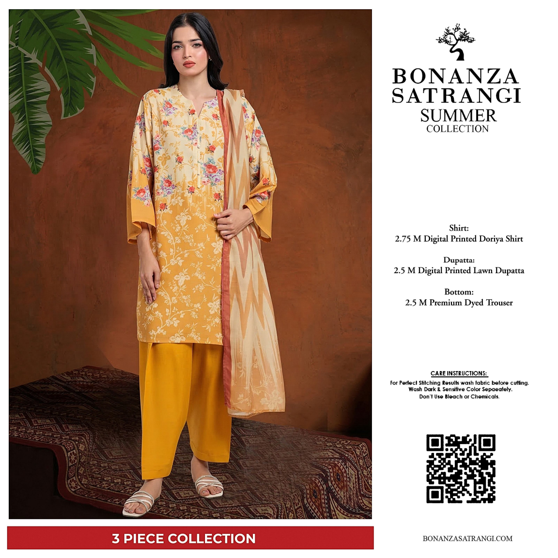 Bonanza Satrangi Mustard 3 PCs Doriya Lawn Unstitched Collection