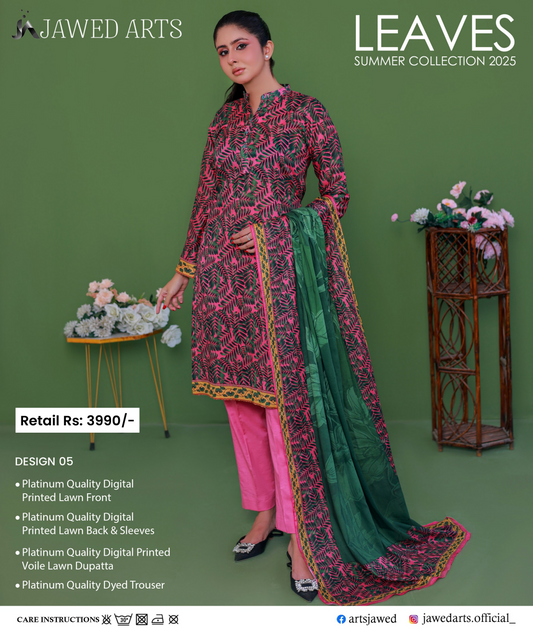 JAWED ARTS LEAVES –  3PC UNSTITCHED SUIT Design: 5