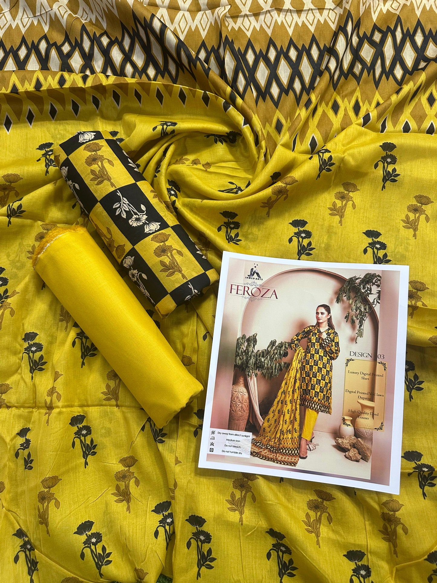 JAWED ARTS FEROZA –  3PC UNSTITCHED SUIT Design: 3