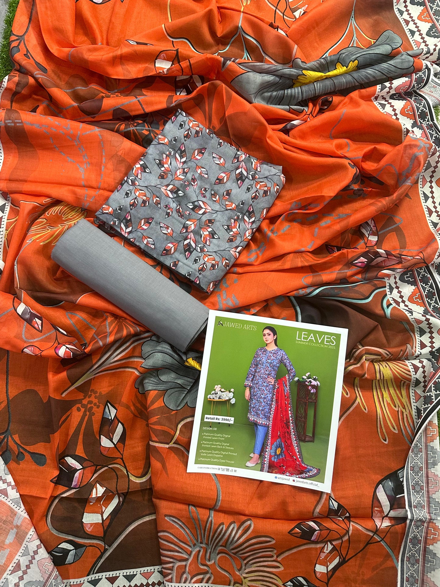 JAWED ARTS LEAVES –  3PC UNSTITCHED SUIT Design: 8