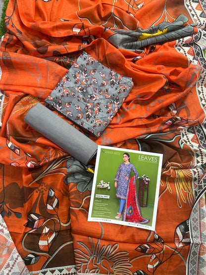 JAWED ARTS LEAVES –  3PC UNSTITCHED SUIT Design: 8