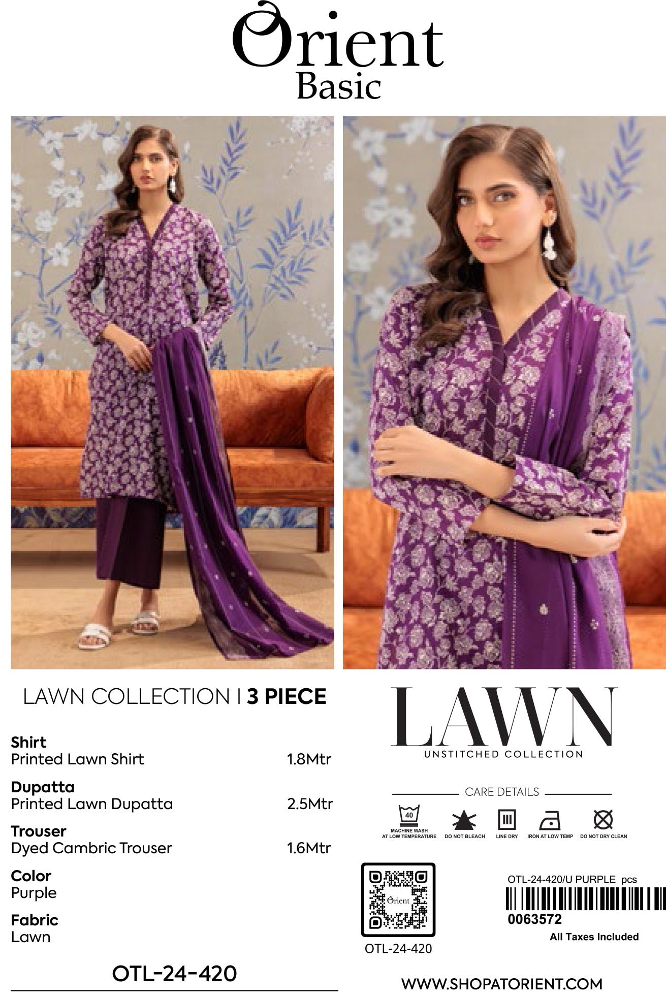 Orient Unstitched Lawn 3 Piece Collection D.C:- OTL-24-420