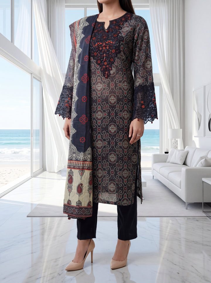 Fleur By Almeerah - Navy Eclipse – Digital Chundri Lawn