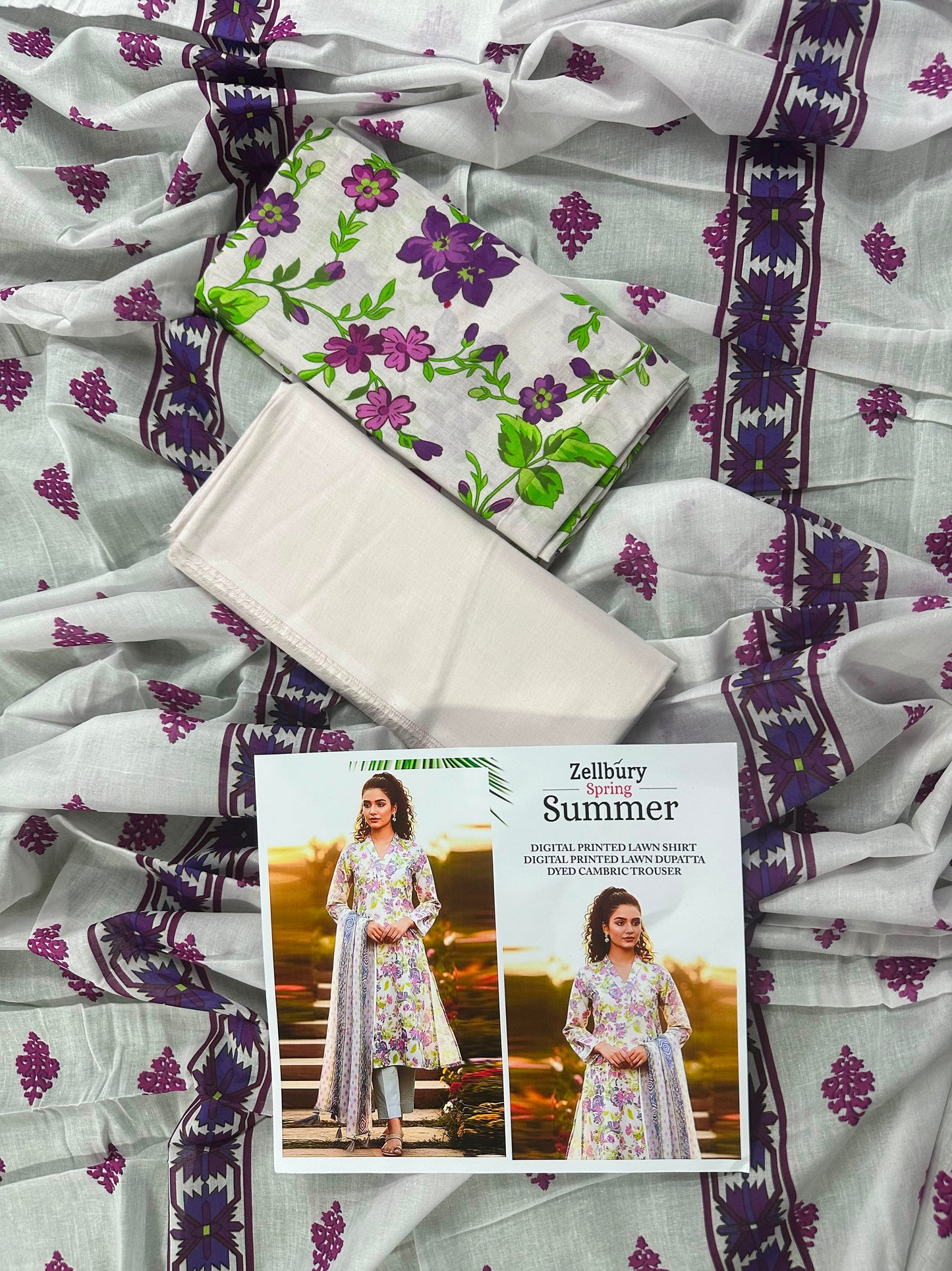 Zellbury PurpleOffWhite Printed 3Pcs
