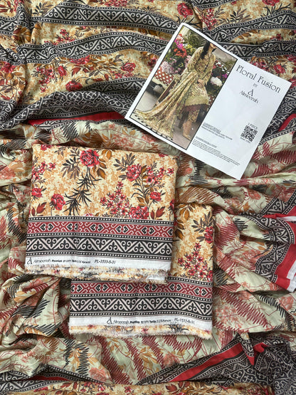 Floral Fusion By Almeerah D-1 -  3Pcs Printed Stripe Collection