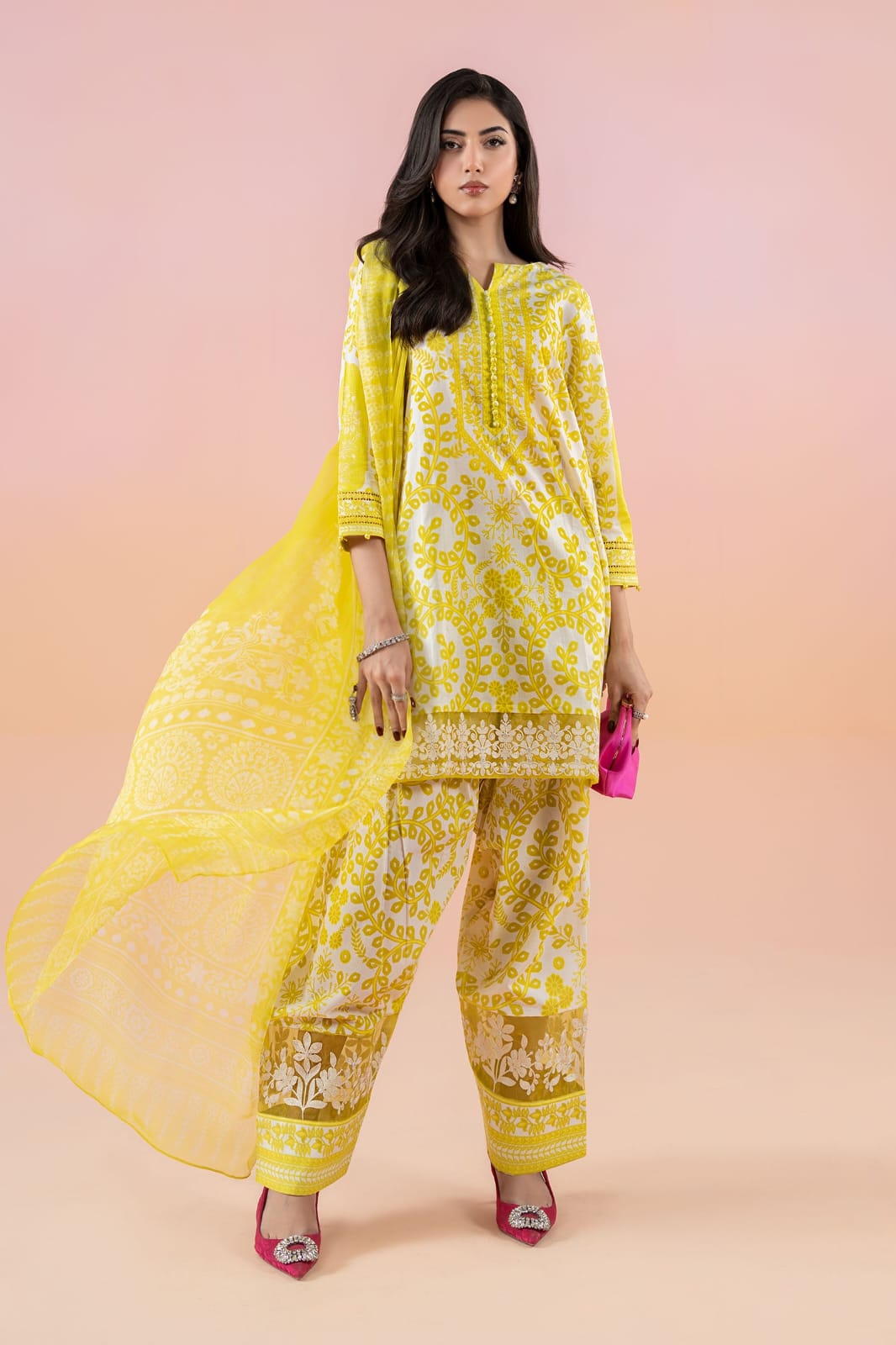 Maria B 3PC Yellow Emb Lawn Suit
