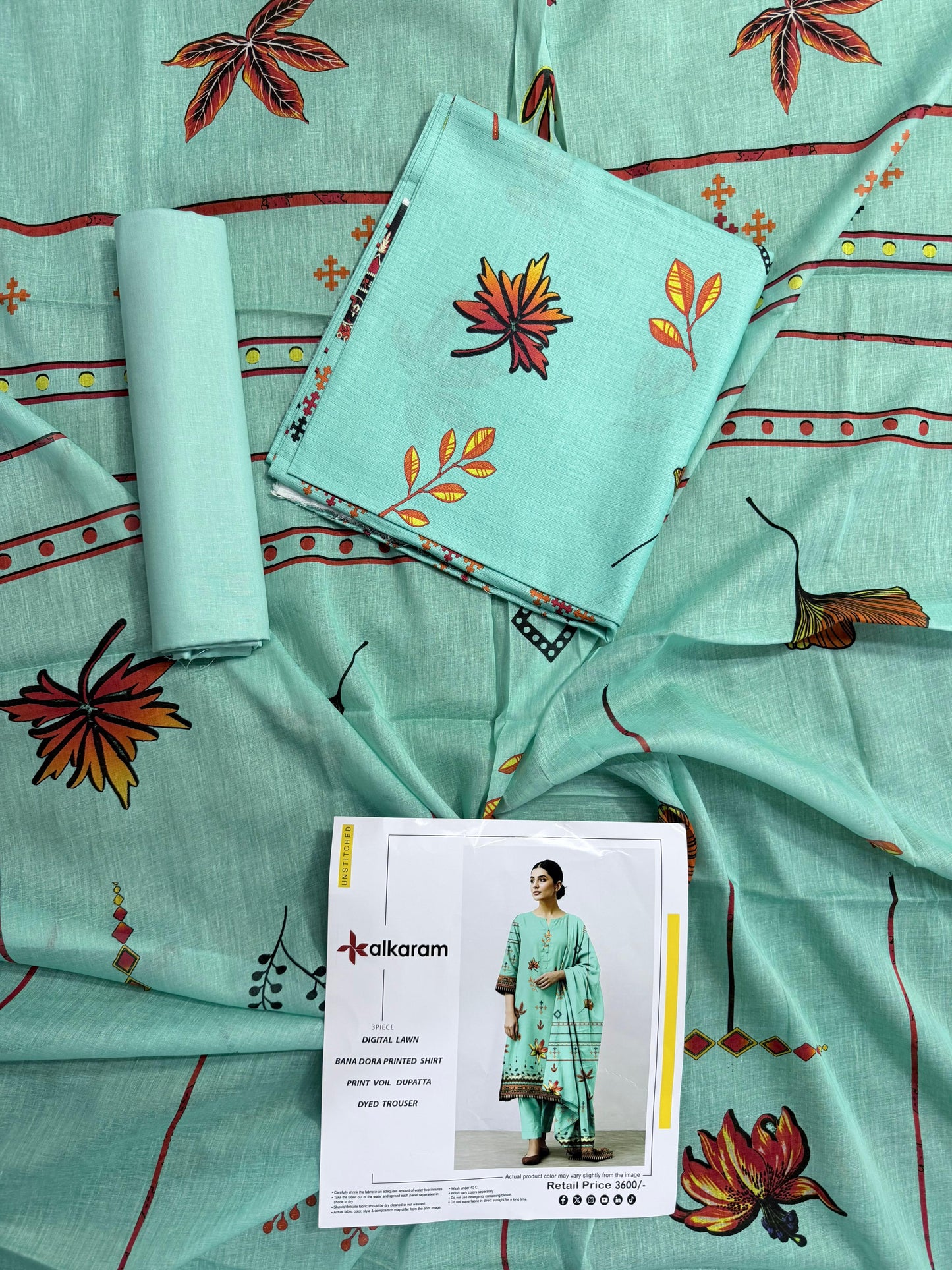 🔥 ALKARAM Tanadora – Premium Luxury Collection 🔥 Seafoam Green (Autumn Leaf Print)