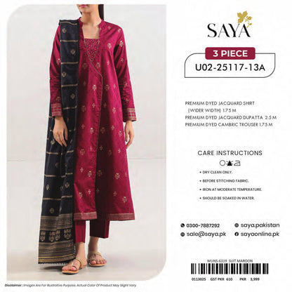 Saya Unstitched Jacquard 100% Original Cotton 3 PCs Suit In WHOLESALE PRICE 💯✨