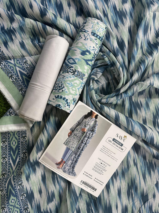 Saya D.C:- U01-25154-07BR - 3 Pcs Printed Lawn