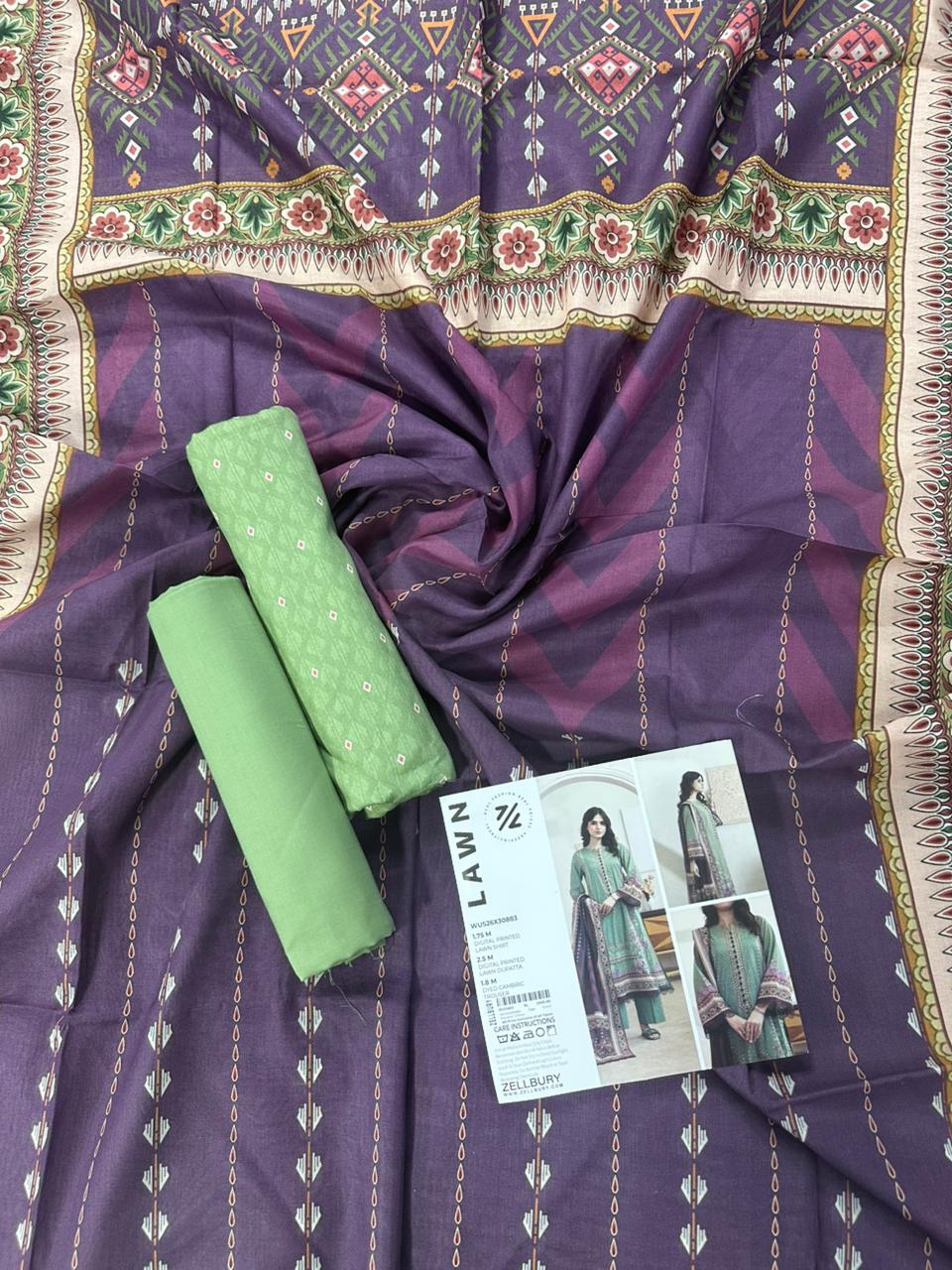 ZELLBURY Unstitched 3pcs Lawn Collection D.C:- WUS26X30883