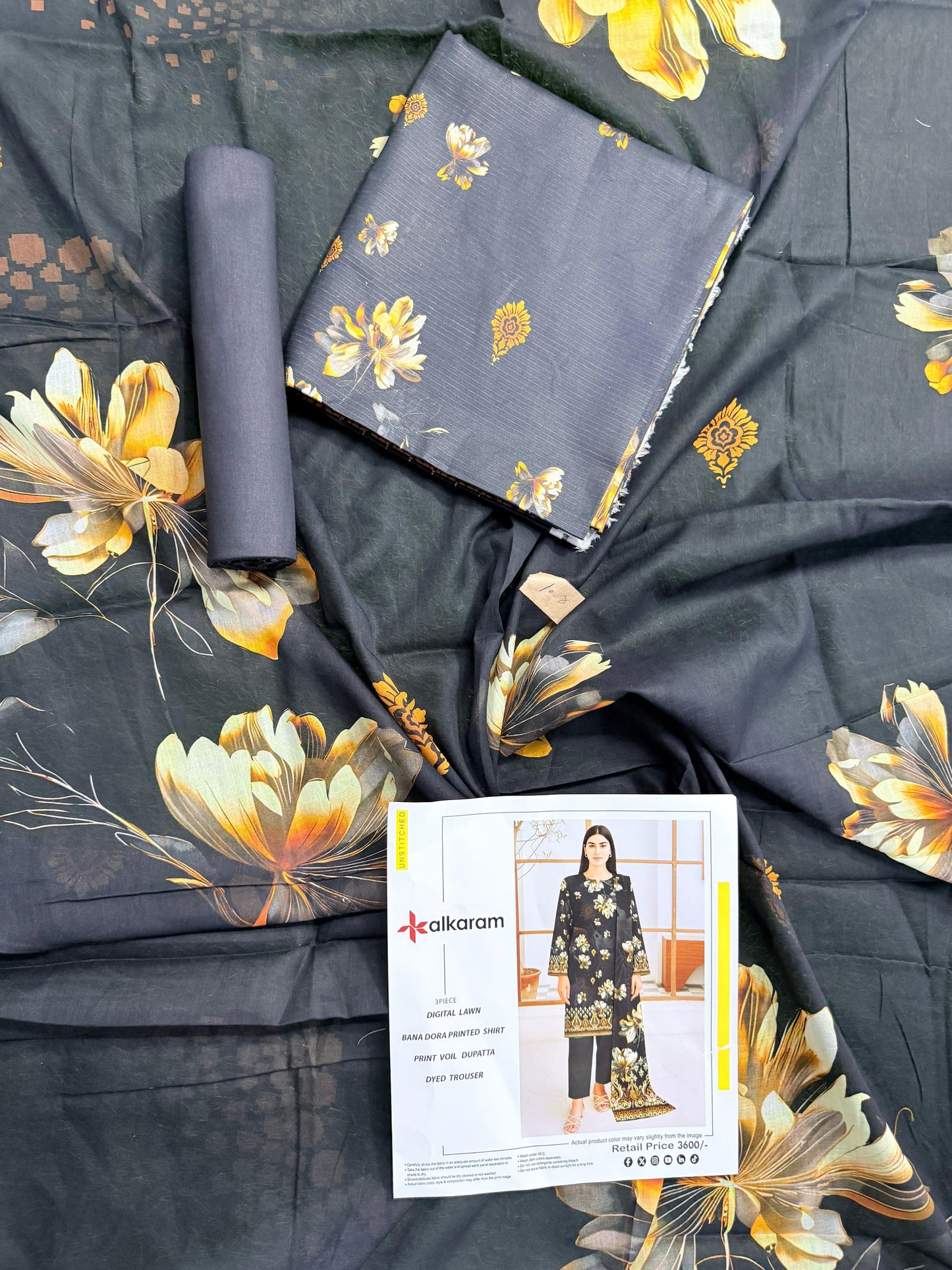 🔥 ALKARAM Tanadora – Premium Luxury Collection 🔥  Charcoal Black (Yellow Floral Print)