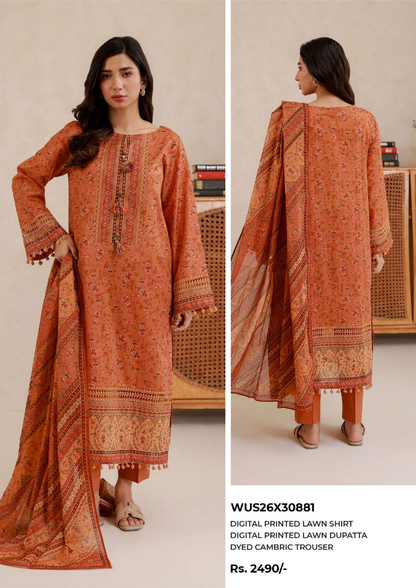 ZELLBURY Unstitched 3pcs Lawn Collection D.C:- WUS26X30881