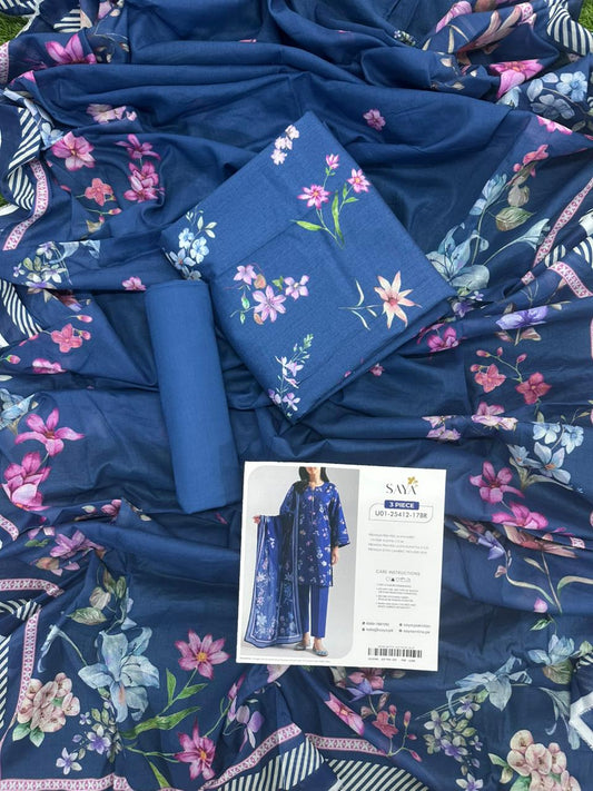 Saya Blue 3PCs Printed Lawn Unstitched Collection