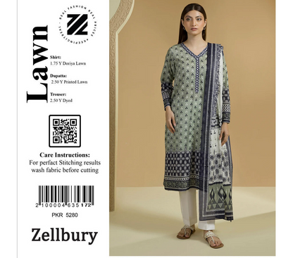 Zellbury Doriya Lawn 3 Pcs Unstitched Collection D.C:- WUS25X25708