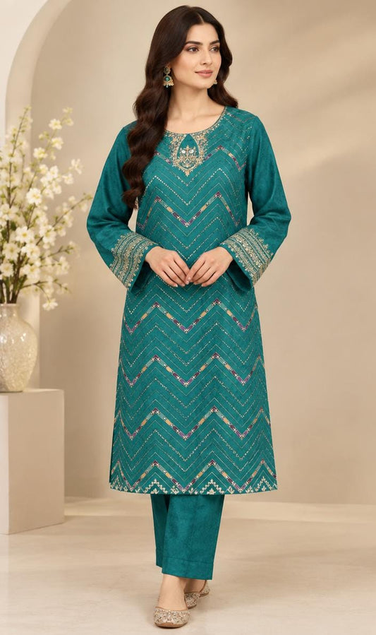 Saqafat–2Pcs Green Emb Lawn