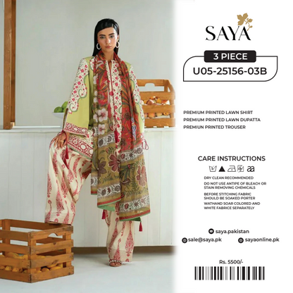 Saya 3 PCs Unstitched Lawn Collection D.No :-8