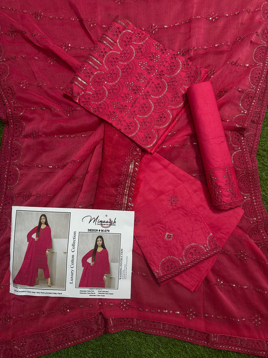 Minaaish DN # M-079 3Pcs Unstitched Embroidery Cotton Collection