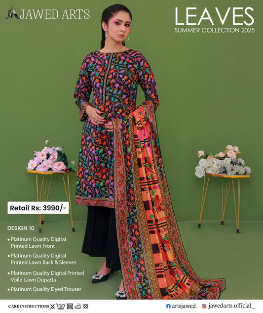 JAWED ARTS LEAVES –  3PC UNSTITCHED SUIT Design: 10