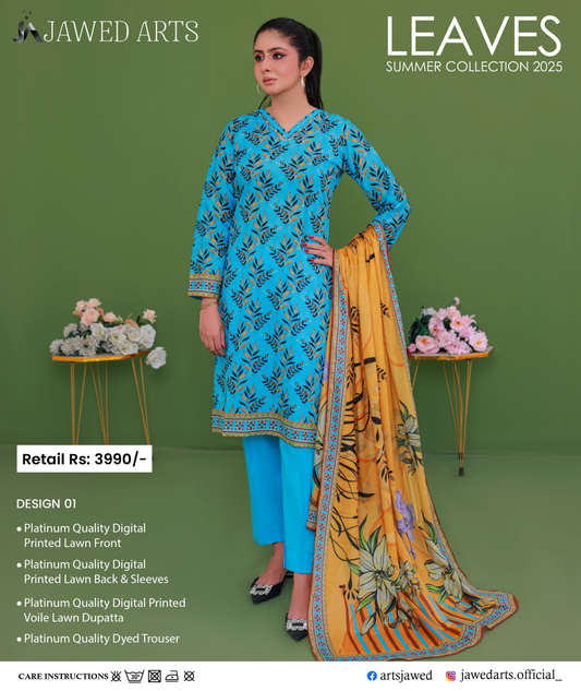 JAWED ARTS LEAVES –  3PC UNSTITCHED SUIT Design: 1