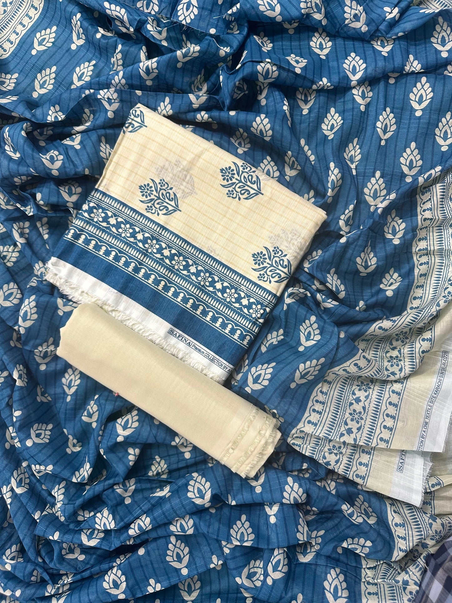 SAFINA BEIGE-BLUE PRINTED 3PCS