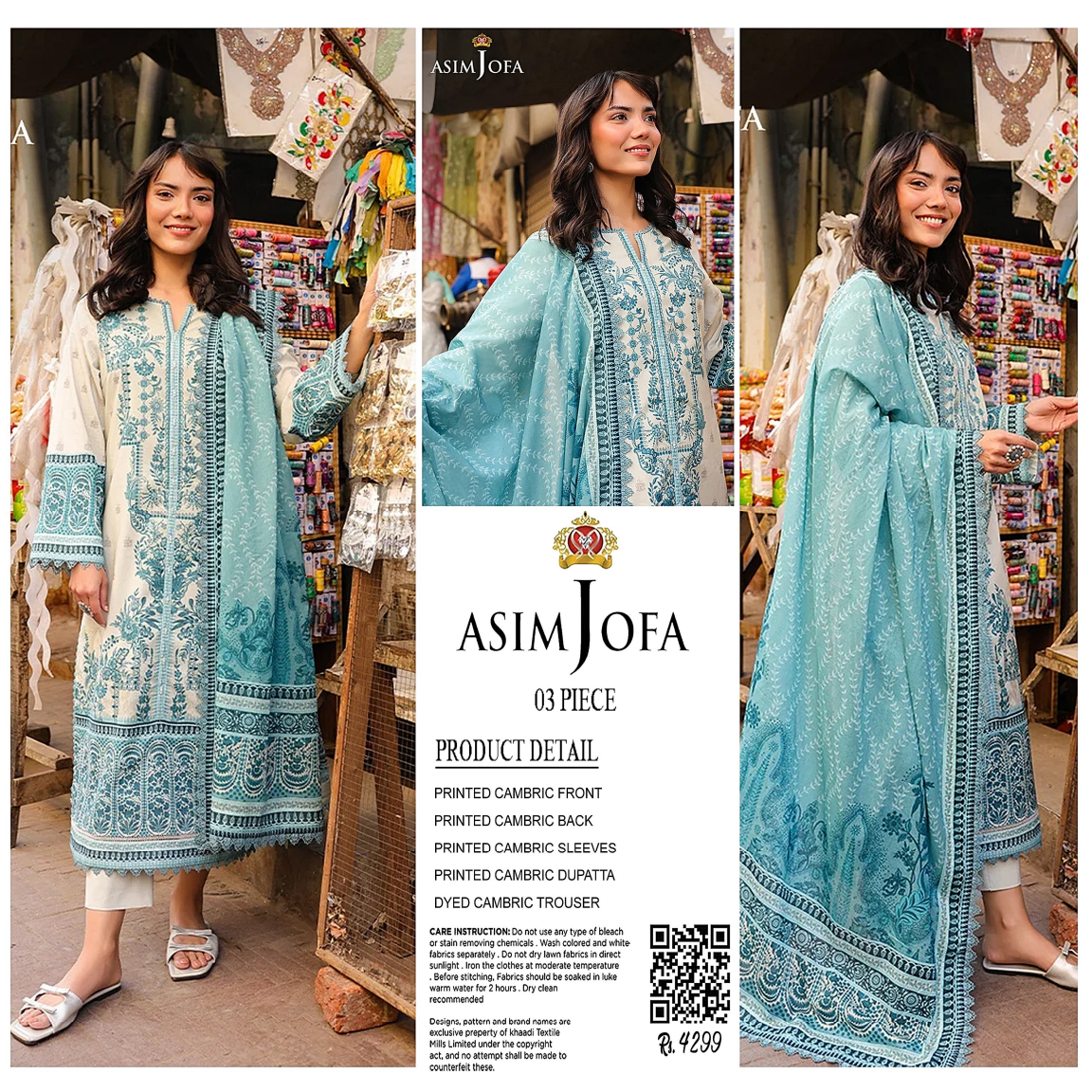AsimJofa Light Blue Printed 3Pcs