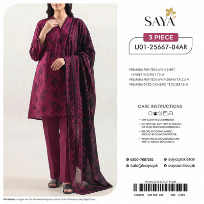 Saya Plum 3PCs Printed Lawn Unstitched Collection