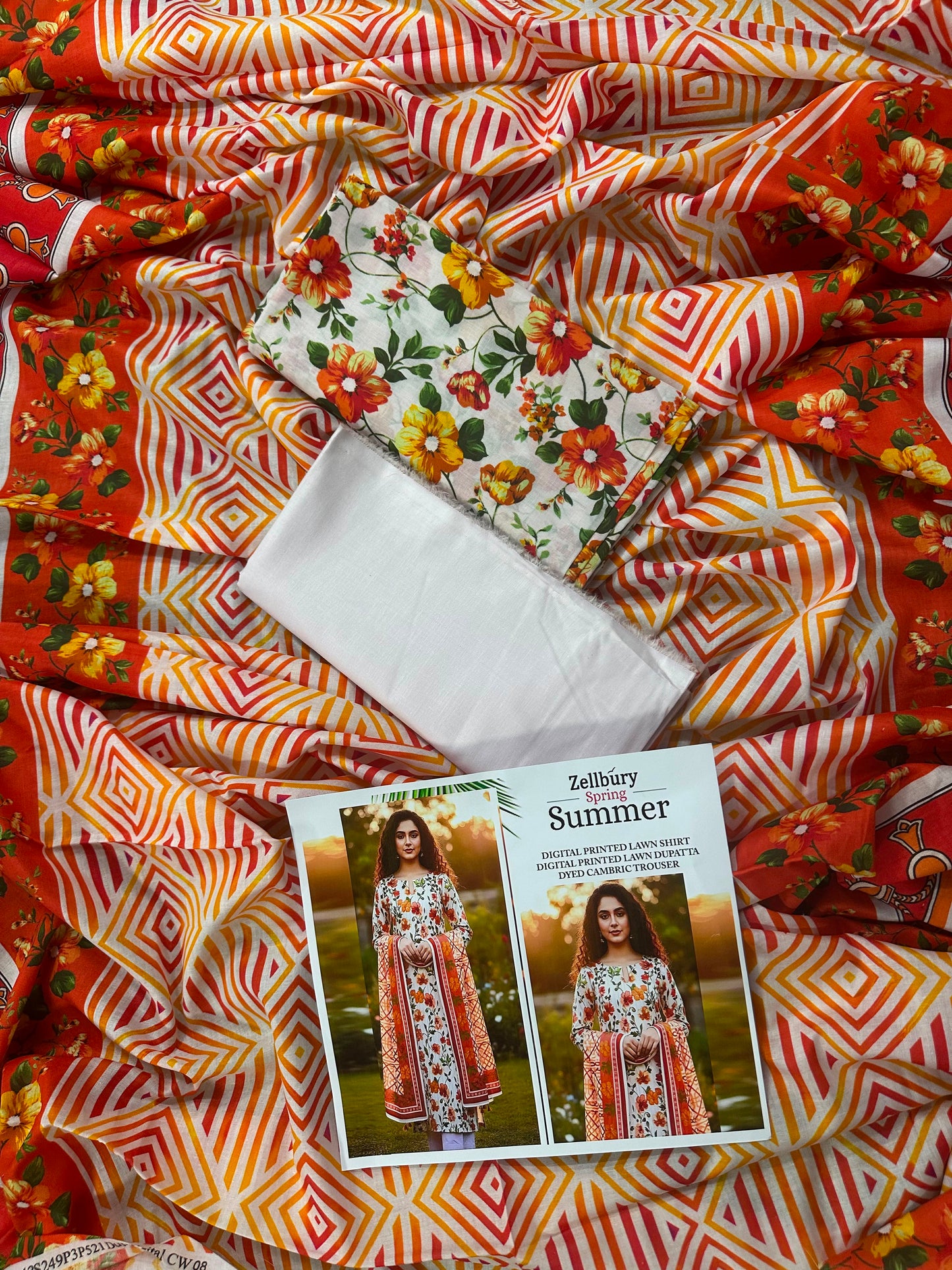 Zellbury Orange Multi Printed Spring Summer 3Pcs