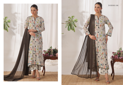 MJ Safaa Print Kari Lawn Collection – Chapter S - Premium Printed Lawn 3-Piece Suit Design# D-E0501-08
