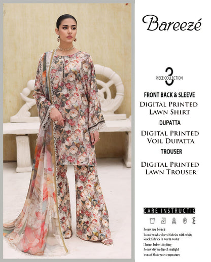 Bareeze Unstitched Lawn 90/70 Quality 3 Pieces