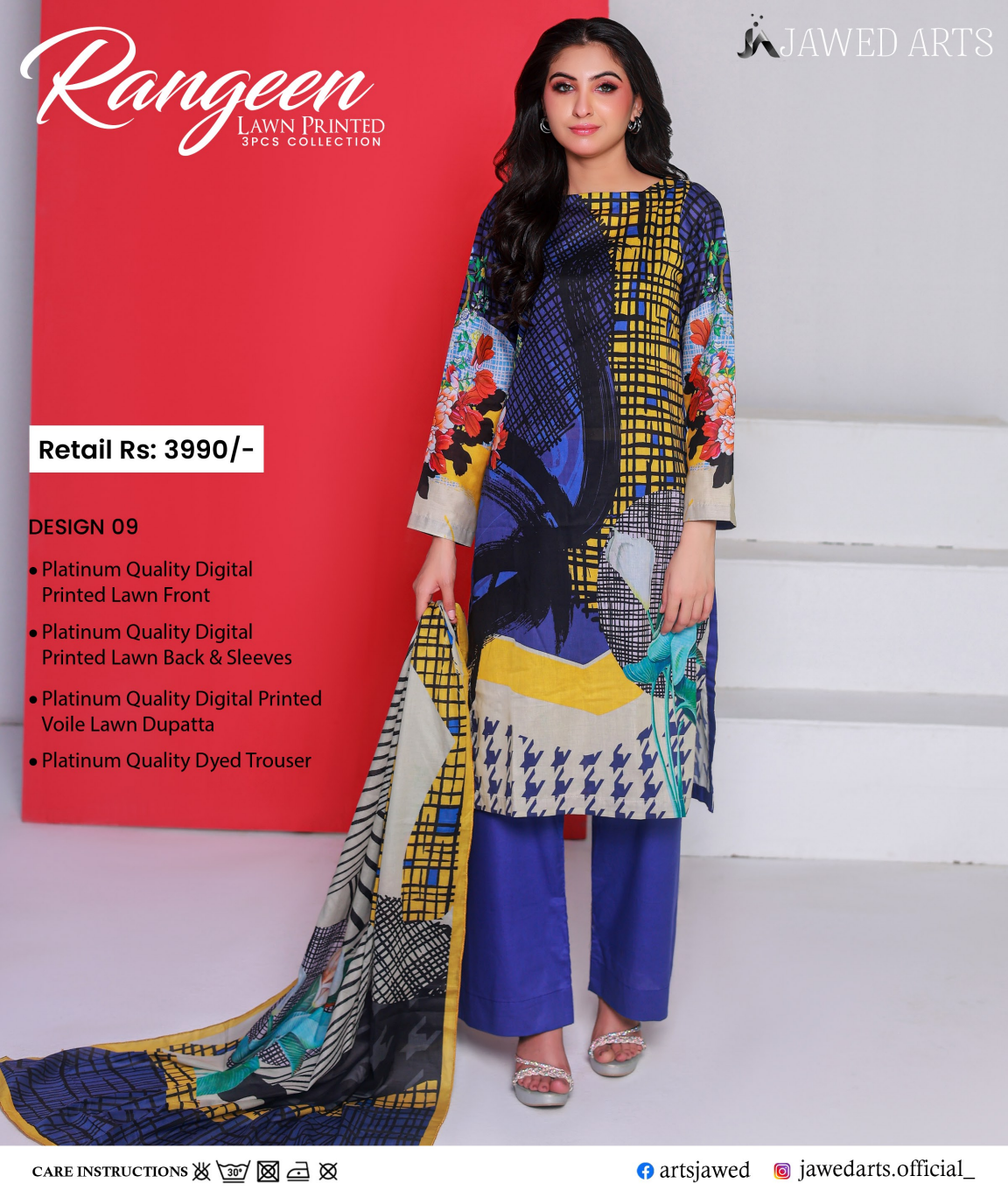 JAWED ARTS – RANGEEN–  3PC UNSTITCHED SUIT Design: 9