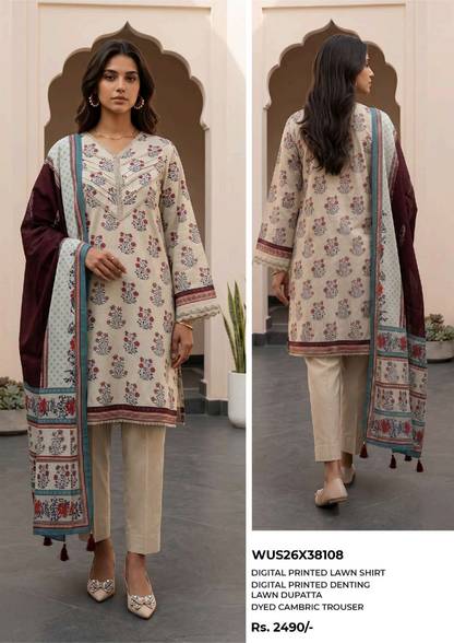 ZELLBURY Unstitched 3pcs Lawn Collection D.C:- WUS26X38108