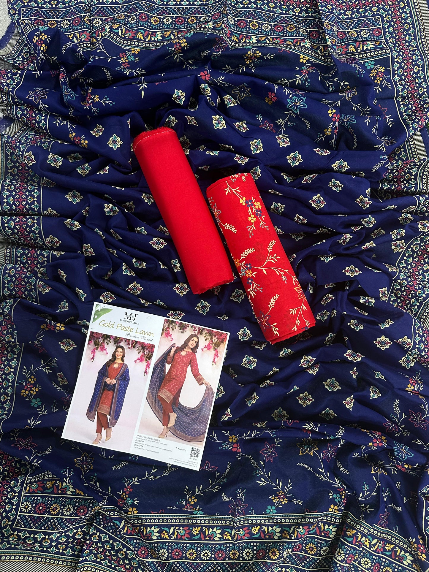 MJ D #A0401-5 – Gold Paste Printed Lawn 3Pcs Collection