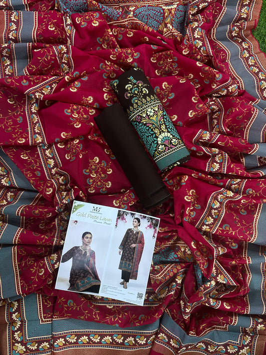 MJ D #A0401-2 – Gold Paste Printed Lawn 3Pcs Collection