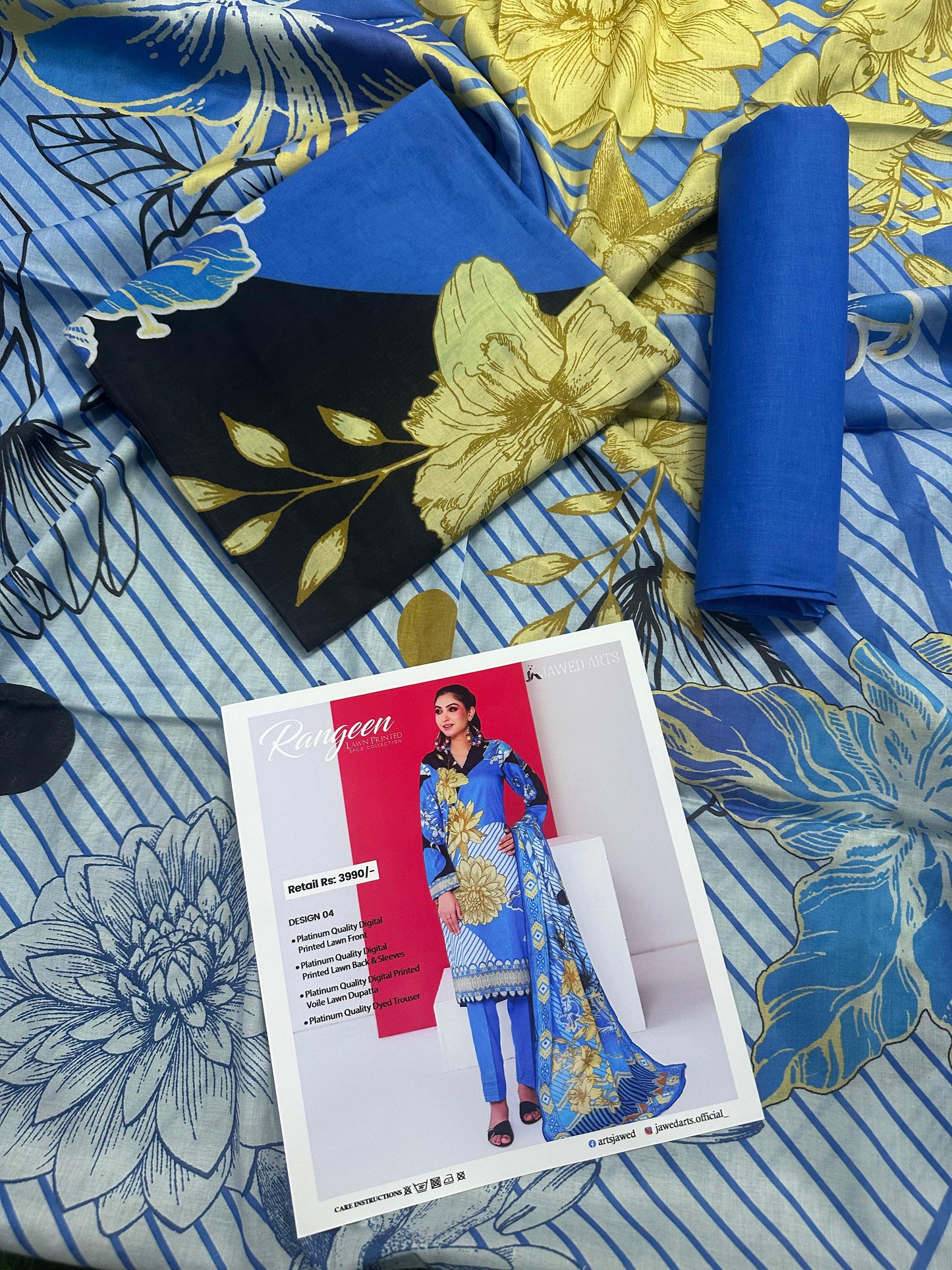 JAWED ARTS – RANGEEN–  3PC UNSTITCHED SUIT Design: 4
