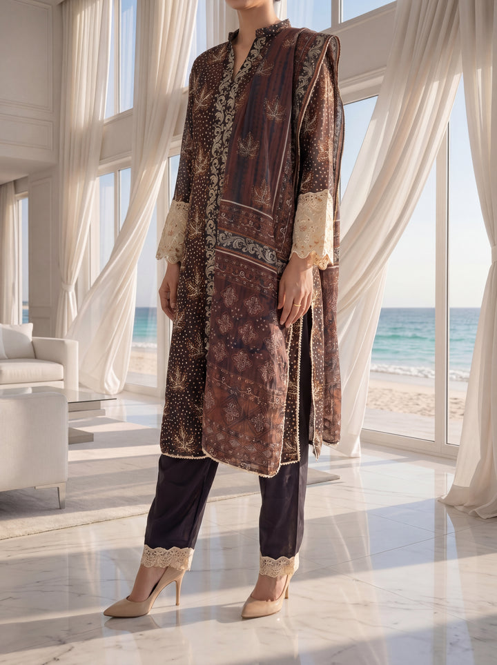 Fleur By Almeerah - Mocha Drift  – Digital Chundri Lawn