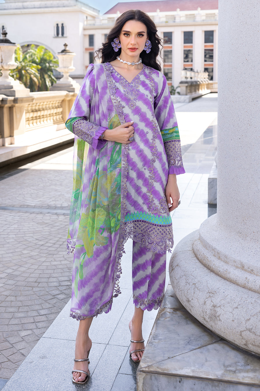 Charizma 3PC Purple White Emb Lawn Suit