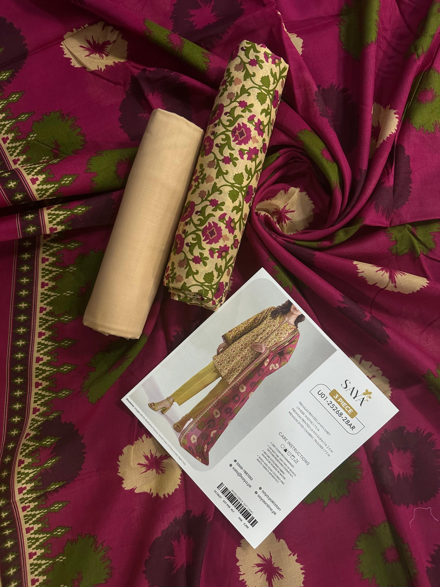 Saya D.C:- U01-25268-28AR - 3 Pcs Printed Lawn